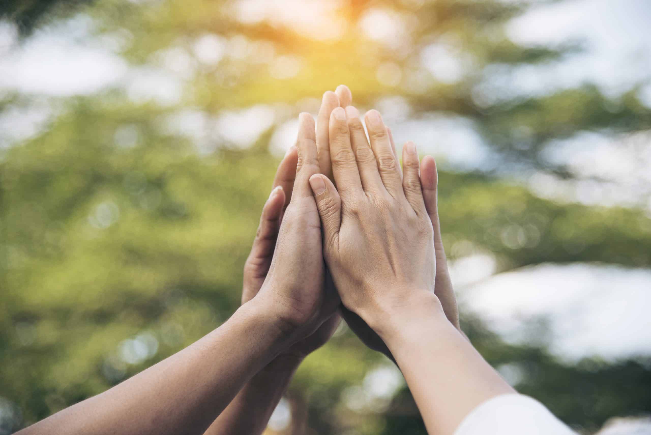 Team High five teamwork working together diverse hands up show power of tag team. Hands of multiethnic diversity people togetherness volunteer. Collaborate business team success concept