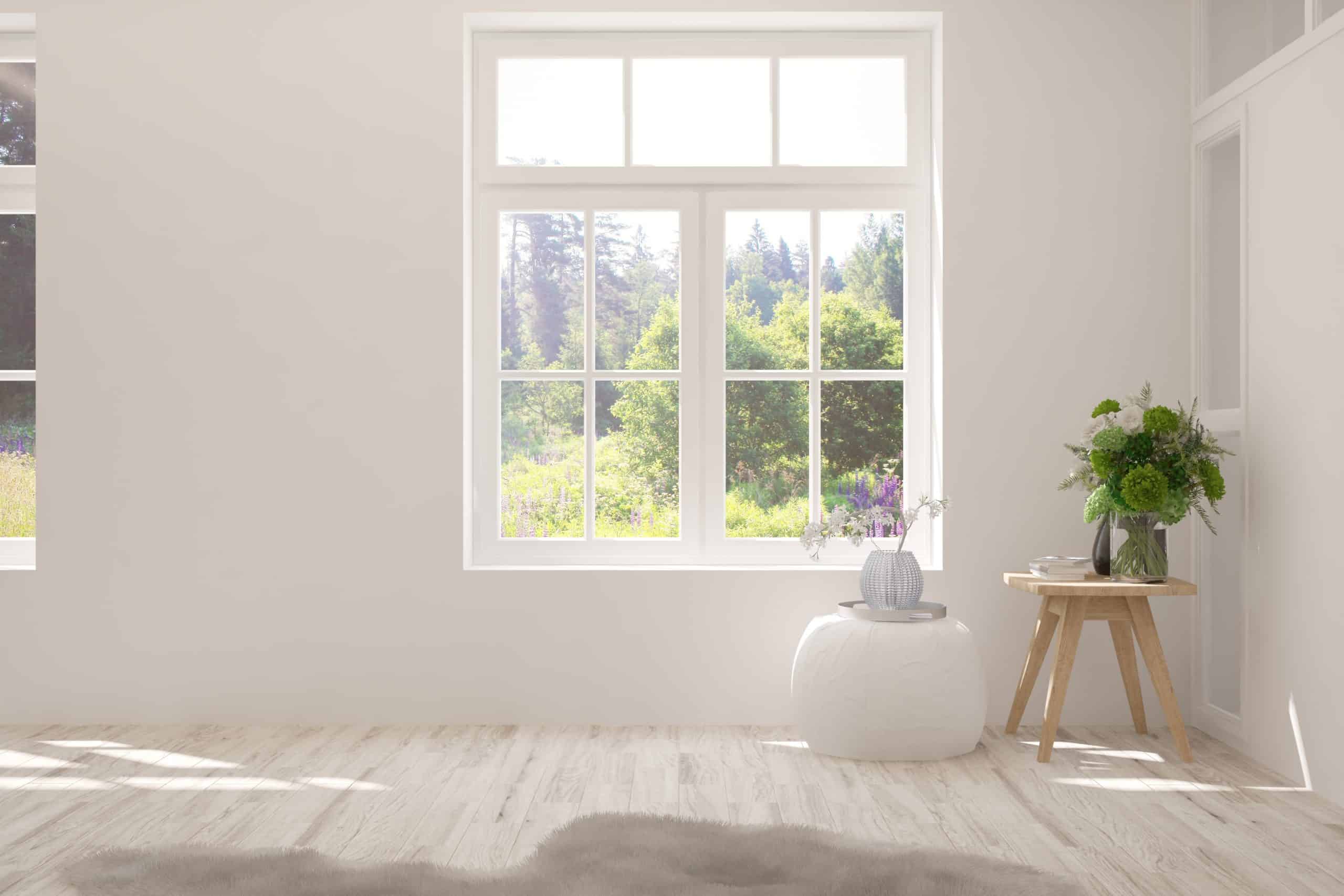 Stylish empty room in white color with summer landscape in window. Scandinavian interior design. 3D illustration